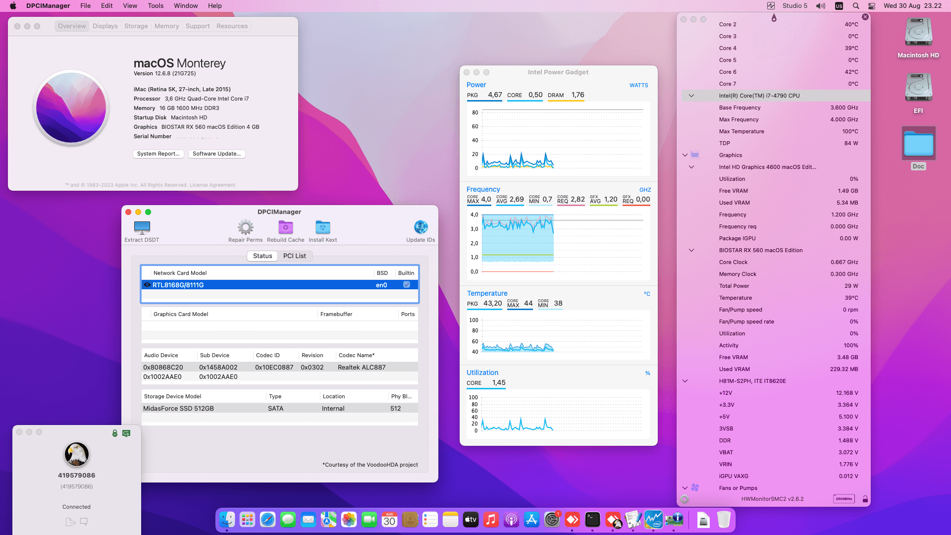 Success Hackintosh macOS Monterey 12.6.8 Build 21G725 in Gigabyte GA-H81M-SP2H + Intel Core i7 4790 + Biostar RX 560